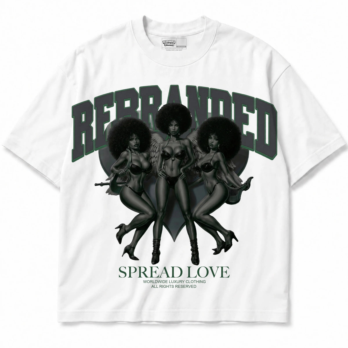 Rebranded Studios Spread Love Air Jordan 14 Forest Green Graphic T-Shirt — shirt front