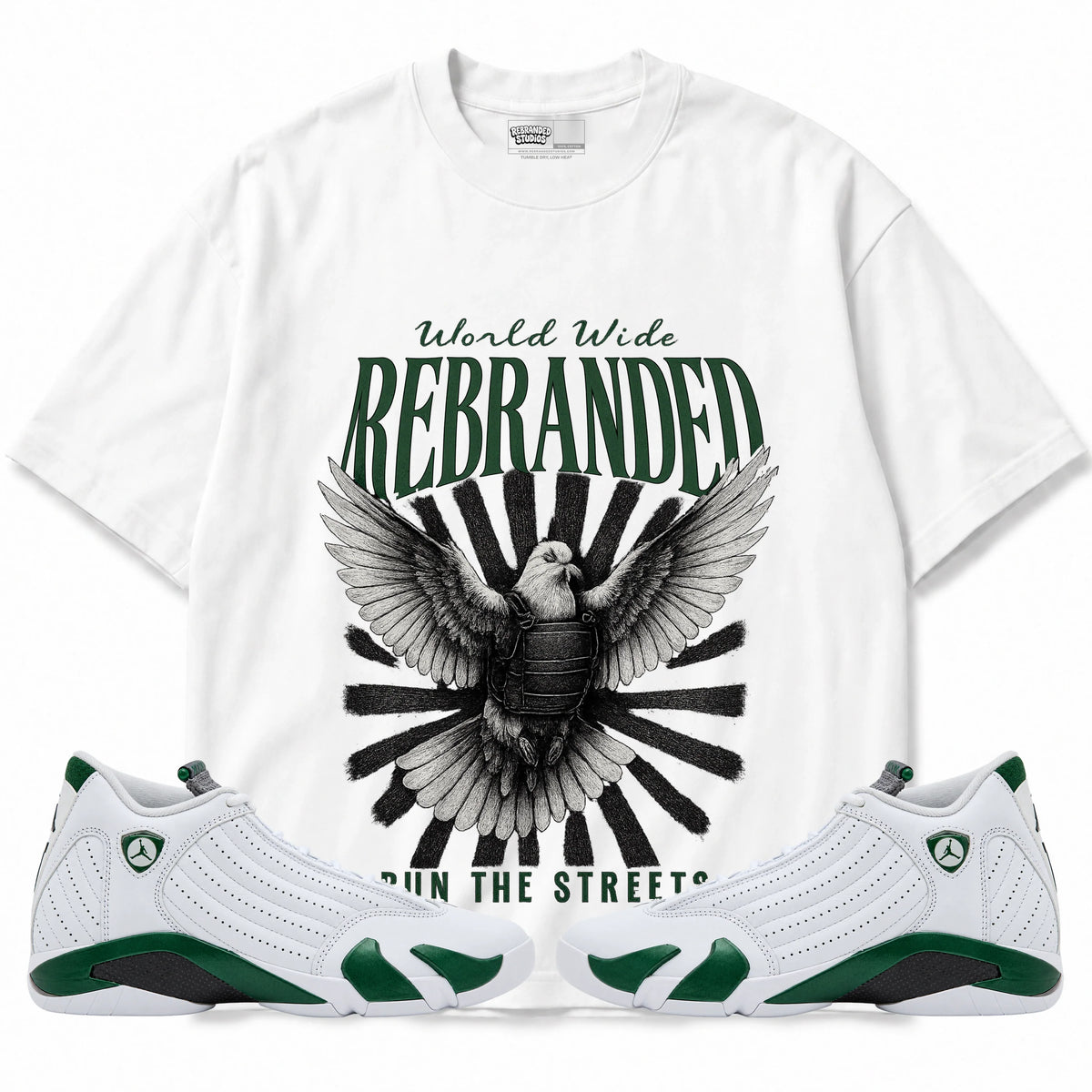 Rebranded Studios Run The Streets Air Jordan 14 Forest Green Graphic T-Shirt — front with matching Forest Green 14 sneakers