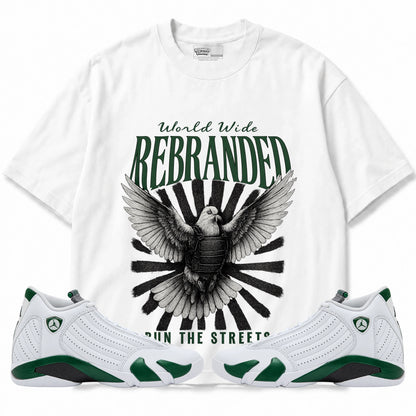 Rebranded Studios Run The Streets Air Jordan 14 Forest Green Graphic T-Shirt — front with matching Forest Green 14 sneakers