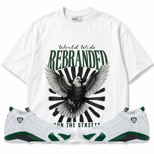 Rebranded Studios Run The Streets Air Jordan 14 Forest Green Graphic T-Shirt — front with matching Forest Green 14 sneakers