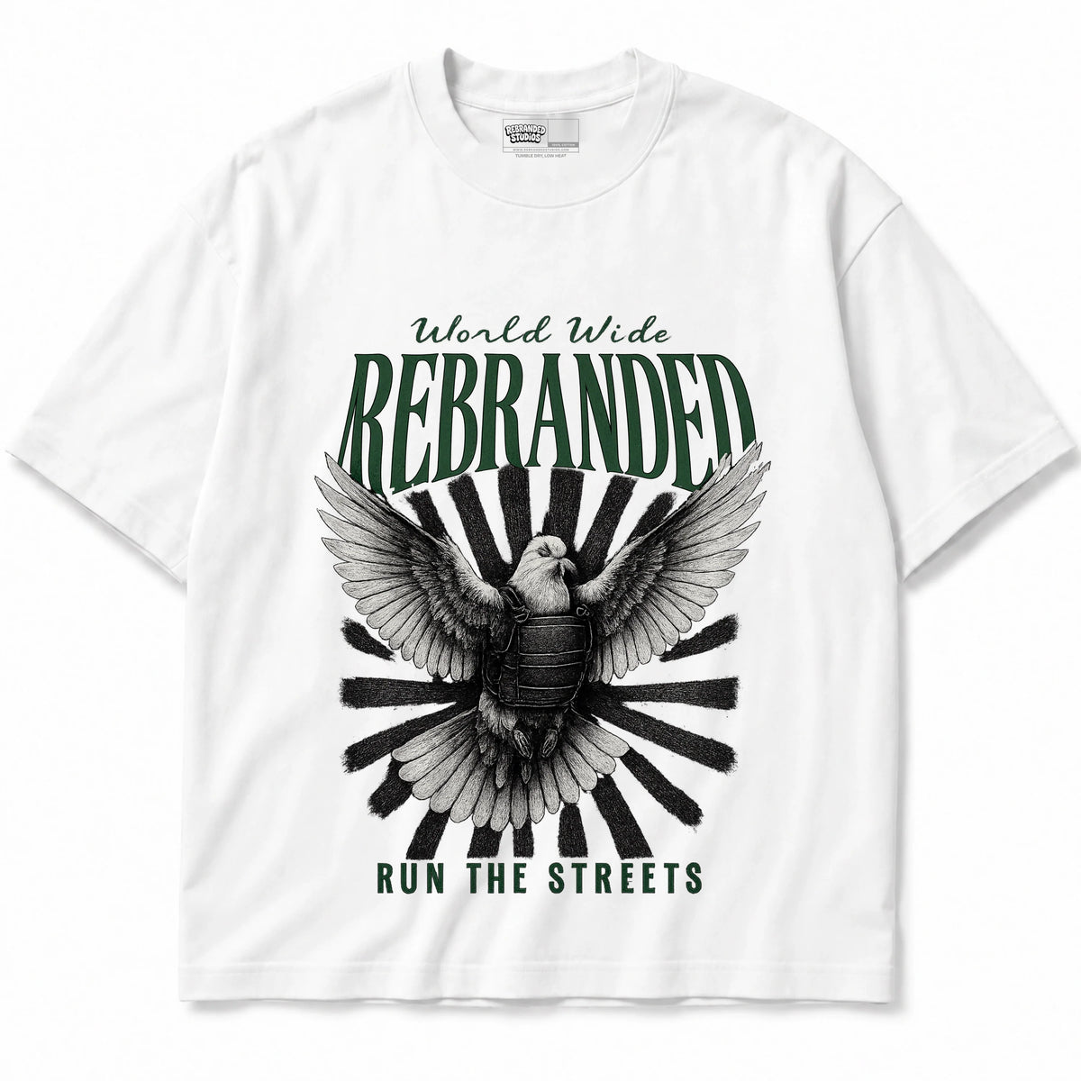 Rebranded Studios Run The Streets Air Jordan 14 Forest Green Graphic T-Shirt — shirt front