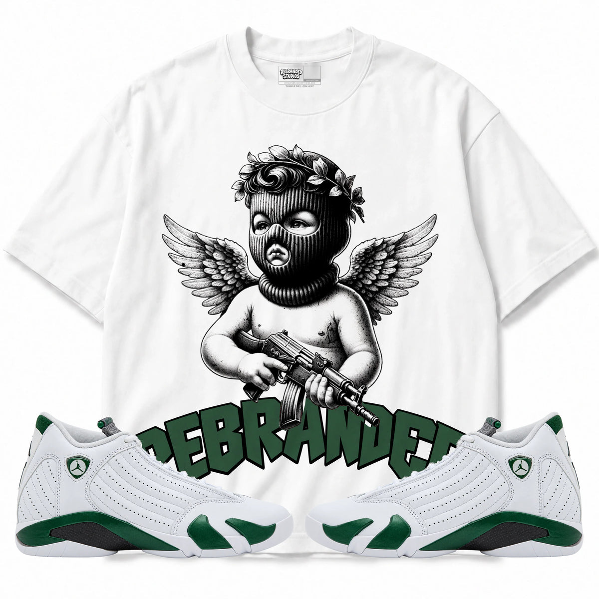 Rebranded Studios Angel Air Jordan 14 Forest Green Graphic T-Shirt — front with matching Forest Green 14 sneakers
