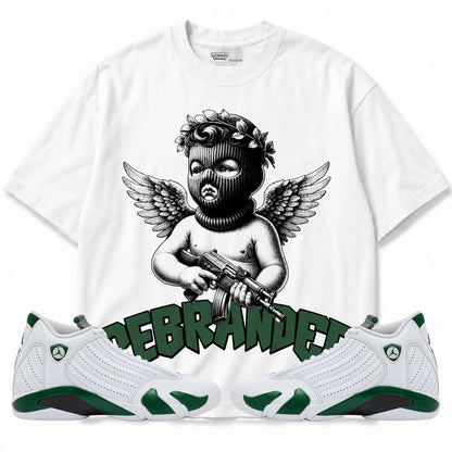 Rebranded Studios Angel Air Jordan 14 Forest Green Graphic T-Shirt — front with matching Forest Green 14 sneakers