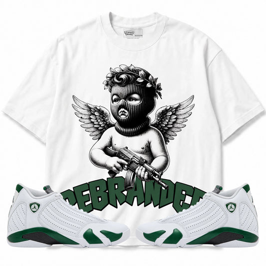 Rebranded Studios Angel Air Jordan 14 Forest Green Graphic T-Shirt — front with matching Forest Green 14 sneakers