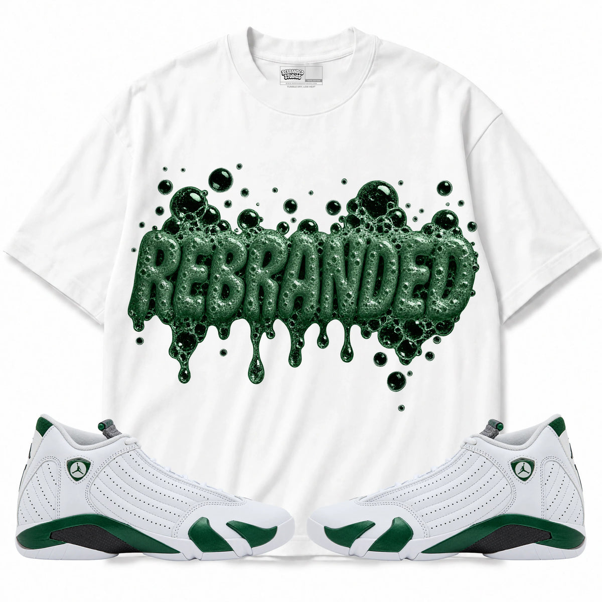 Rebranded Studios Bubblez Air Jordan 14 Forest Green Graphic T-Shirt — front with matching Forest Green 14 sneakers