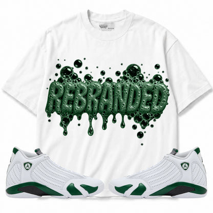 Rebranded Studios Bubblez Air Jordan 14 Forest Green Graphic T-Shirt — front with matching Forest Green 14 sneakers
