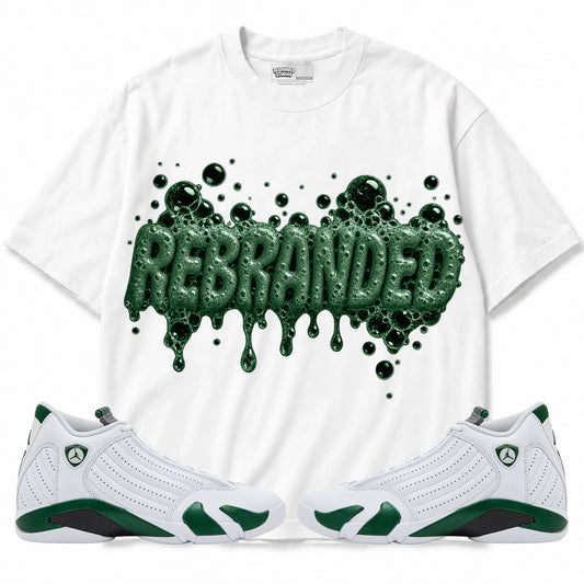 Rebranded Studios Bubblez Air Jordan 14 Forest Green Graphic T-Shirt — front with matching Forest Green 14 sneakers
