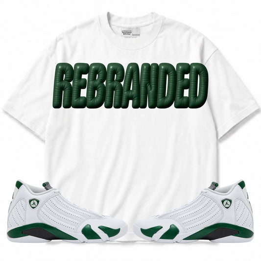 Rebranded Studios Faux Air Jordan 14 Forest Green Graphic T-Shirt — front with matching Forest Green 14 sneakers