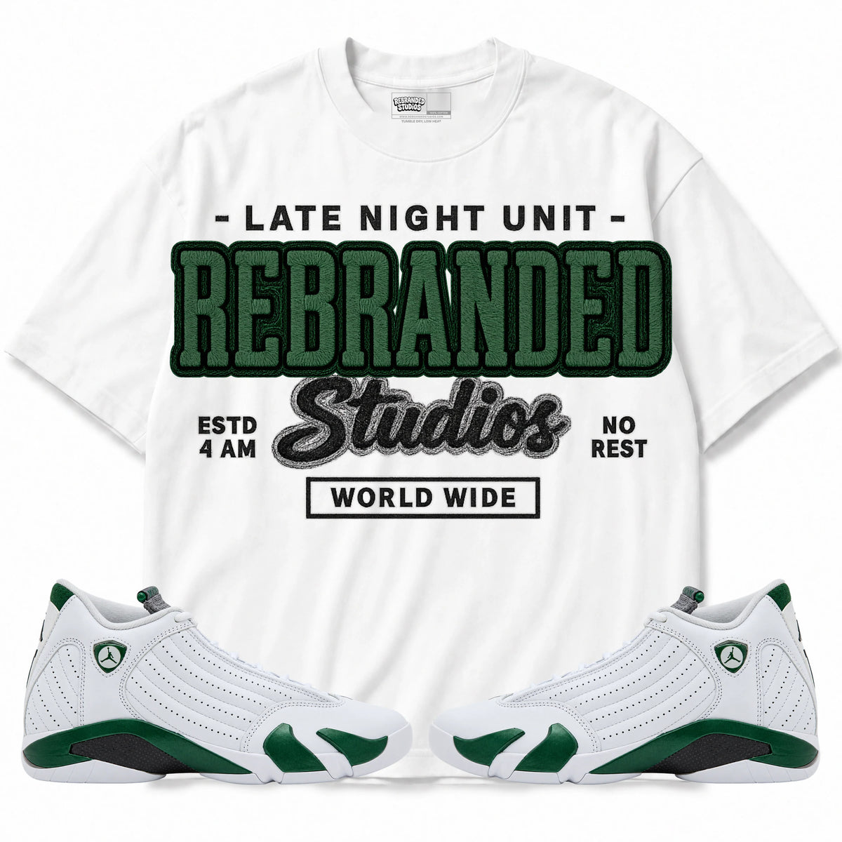 Rebranded Studios Late Night Unit Air Jordan 14 Forest Green Graphic T-Shirt — front with matching Forest Green 14 sneakers