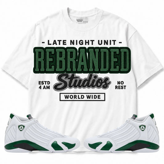 Rebranded Studios Late Night Unit Air Jordan 14 Forest Green Graphic T-Shirt — front with matching Forest Green 14 sneakers