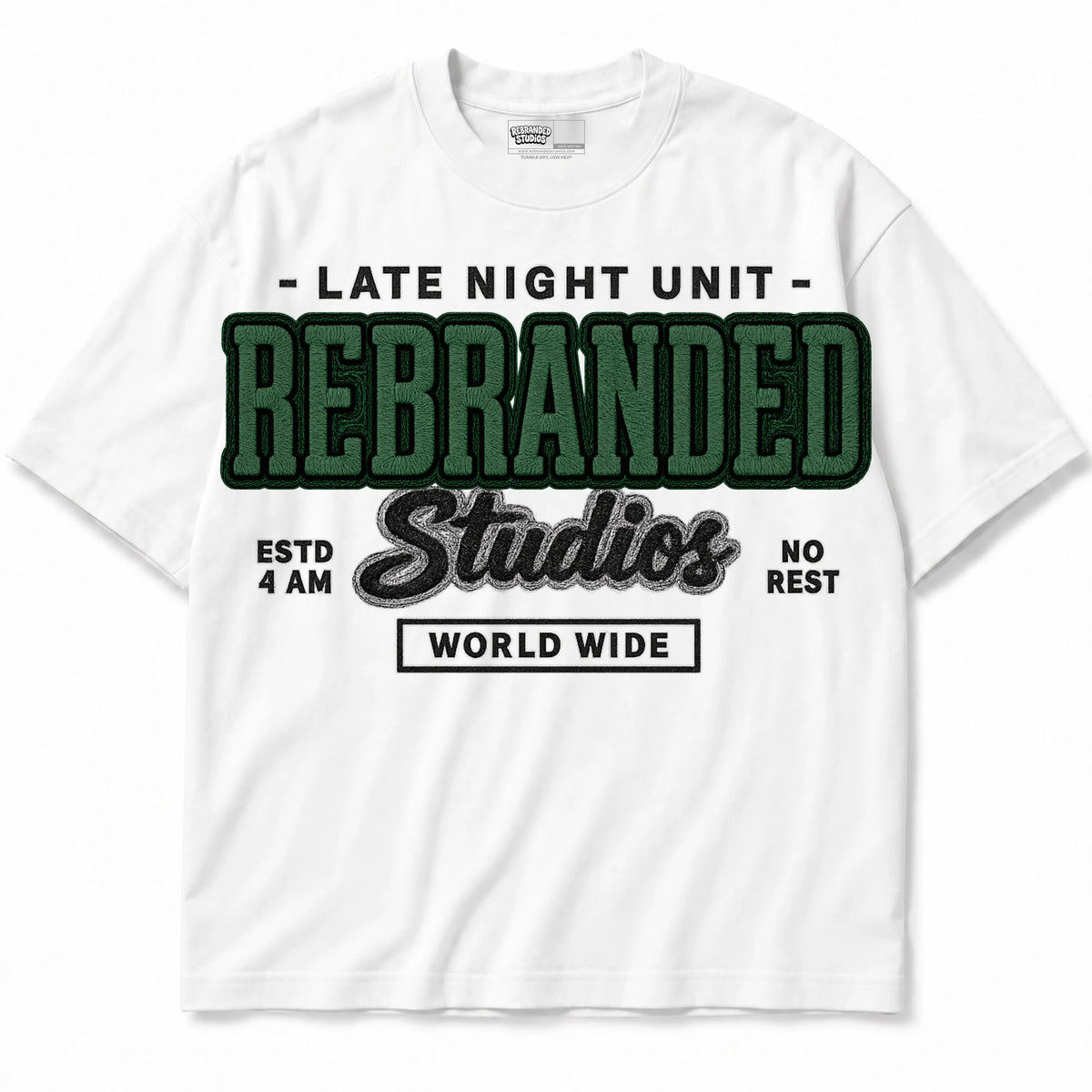 Rebranded Studios Late Night Unit Air Jordan 14 Forest Green Graphic T-Shirt — shirt front