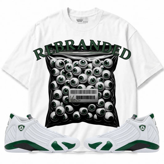Rebranded Studios Vision Air Jordan 14 Forest Green Graphic T-Shirt — front with matching Forest Green 14 sneakers