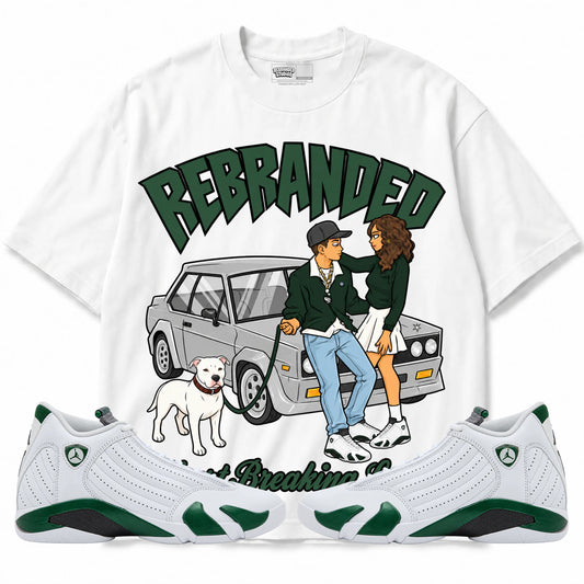 Rebranded Studios Heart Breaking Lover Air Jordan 14 Forest Green Graphic T-Shirt — front with sneakers