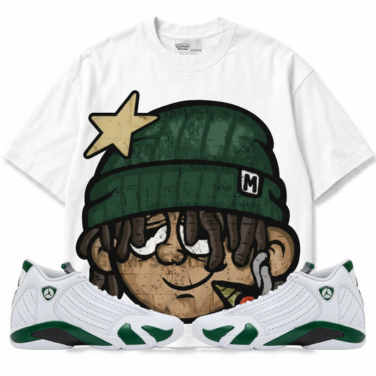 Rebranded Studios High Hopes Air Jordan 14 Forest Green Graphic T-Shirt — front with matching Forest Green 14 sneakers