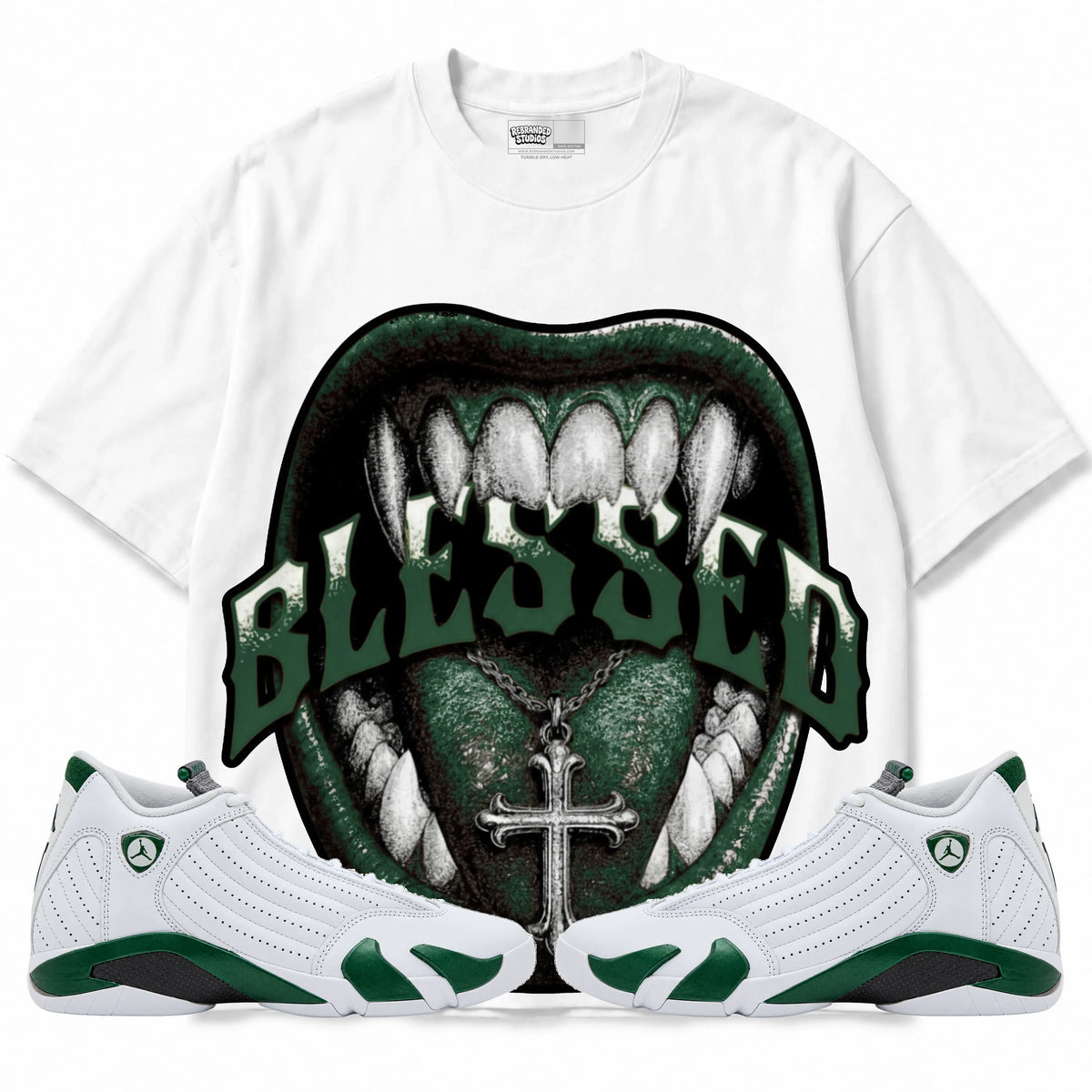 Rebranded Studios Blessed Air Jordan 14 Forest Green Graphic T-Shirt — front with matching Forest Green 14 sneakers