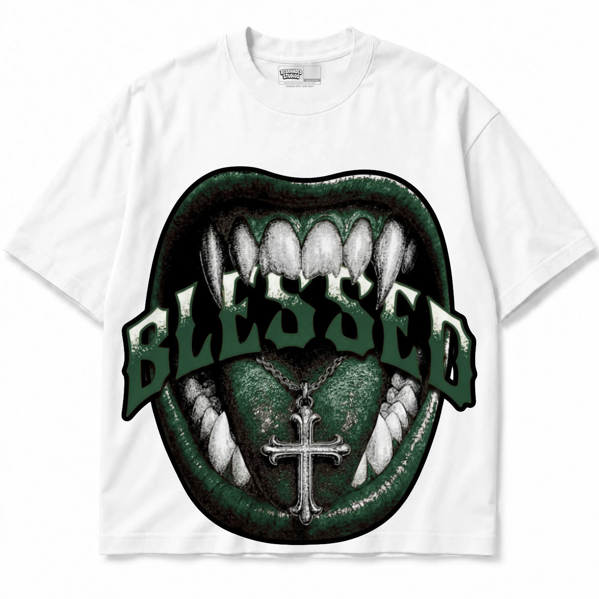 Rebranded Studios Blessed Air Jordan 14 Forest Green Graphic T-Shirt — shirt front