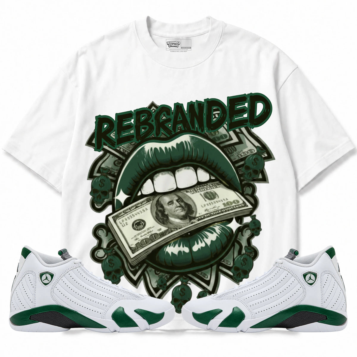 Rebranded Studios Money Is The Motive Lips Air Jordan 14 Forest Green Graphic T-Shirt — front with matching Forest Green 14 sneakers