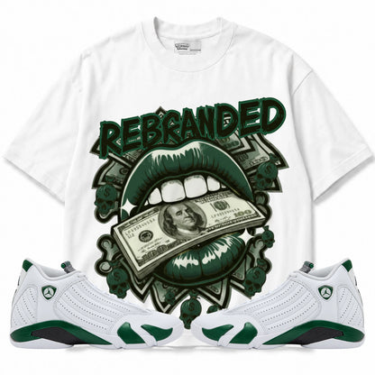 Rebranded Studios Money Is The Motive Lips Air Jordan 14 Forest Green Graphic T-Shirt — front with matching Forest Green 14 sneakers