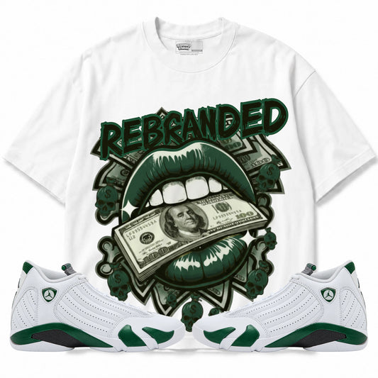 Rebranded Studios Money Is The Motive Lips Air Jordan 14 Forest Green Graphic T-Shirt — front with matching Forest Green 14 sneakers