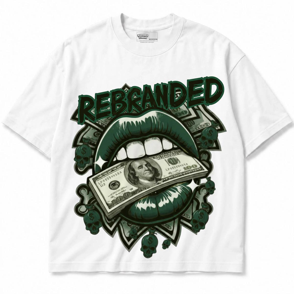 Rebranded Studios Money Is The Motive Lips Air Jordan 14 Forest Green Graphic T-Shirt — shirt front