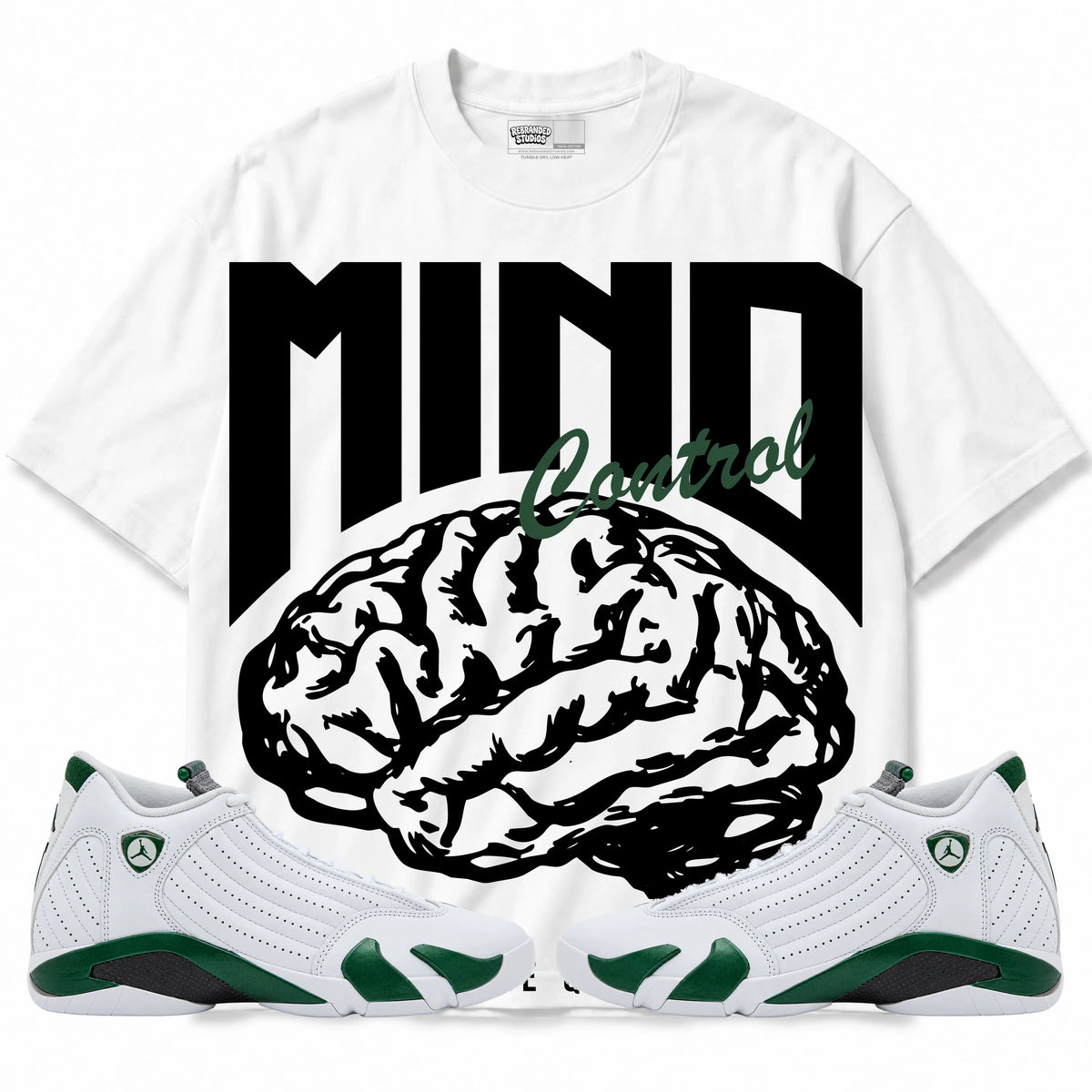 Rebranded Studios Mind Control Air Jordan 14 Forest Green Graphic T-Shirt — front with matching Forest Green 14 sneakers