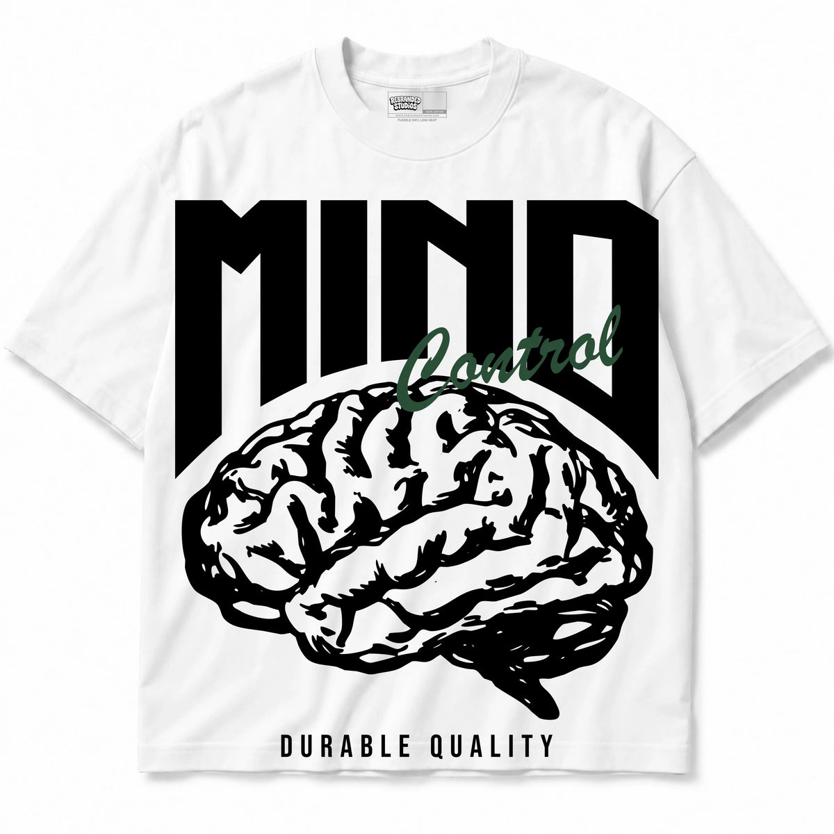 Rebranded Studios Mind Control Air Jordan 14 Forest Green Graphic T-Shirt — shirt front