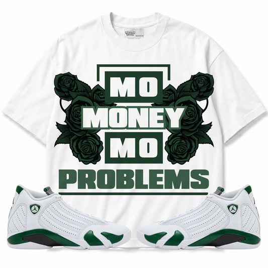 Rebranded Studios Mo Money Mo Problems Air Jordan 14 Forest Green Graphic T-Shirt — front with matching Forest Green 14 sneakers