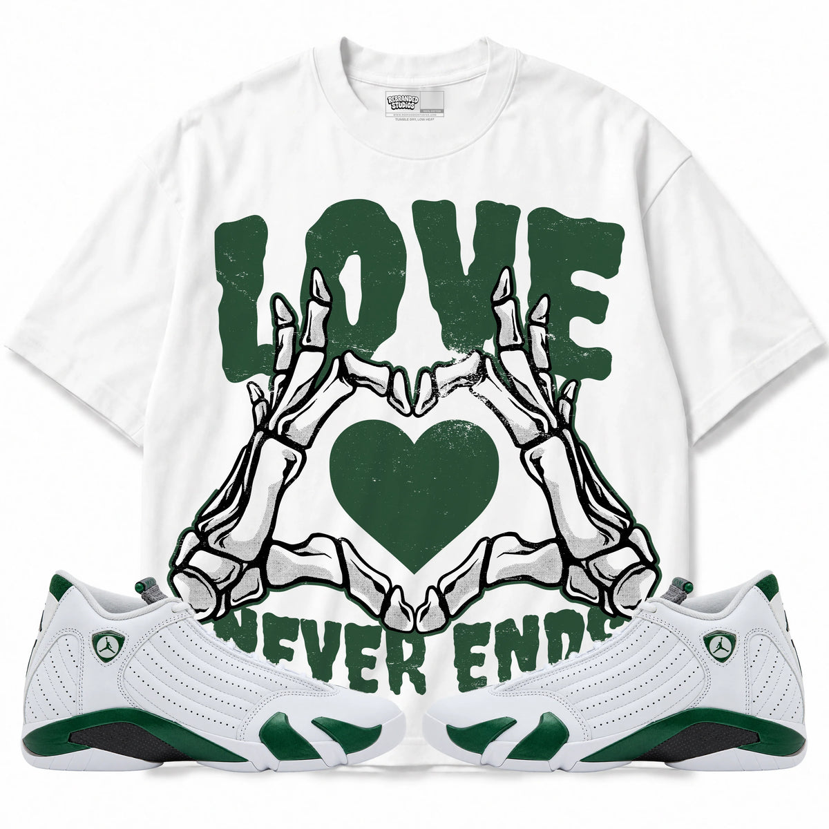 Rebranded Studios Love Never Ends Air Jordan 14 Forest Green Graphic T-Shirt — front with matching Forest Green 14 sneakers