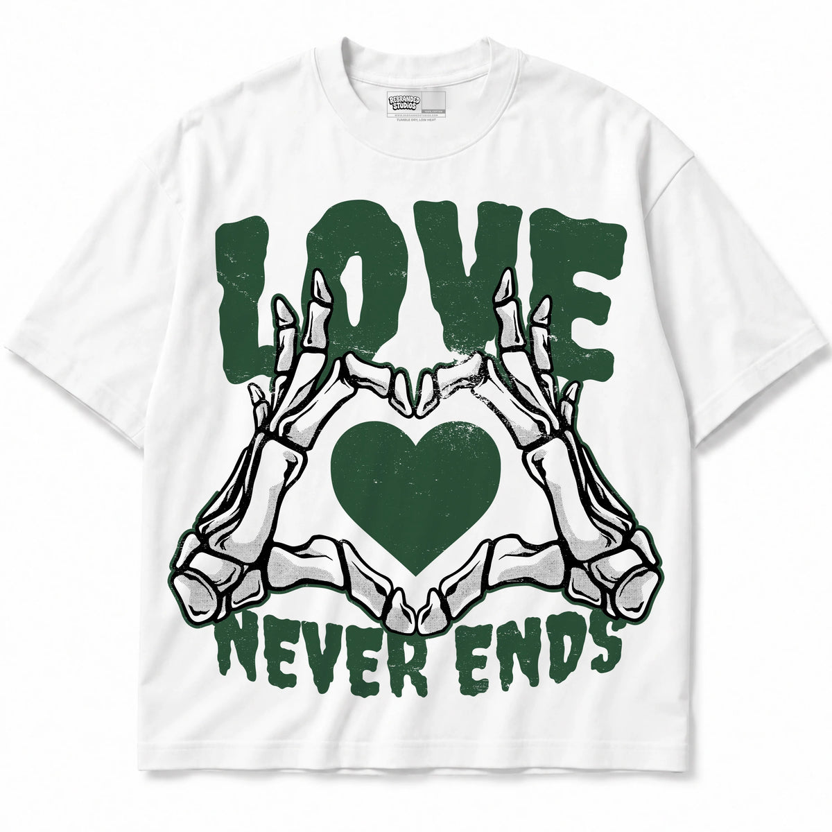 Rebranded Studios Love Never Ends Air Jordan 14 Forest Green Graphic T-Shirt — shirt front