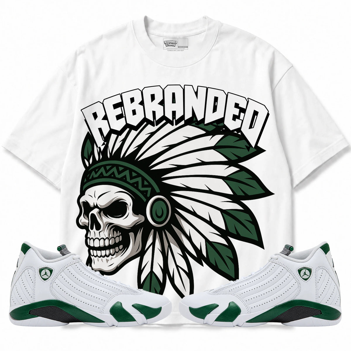 Rebranded Studios Chief Air Jordan 14 Forest Green Graphic T-Shirt — front with matching Forest Green 14 sneakers