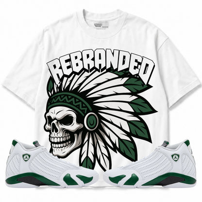 Rebranded Studios Chief Air Jordan 14 Forest Green Graphic T-Shirt — front with matching Forest Green 14 sneakers