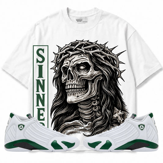 Rebranded Studios Sinner Air Jordan 14 Forest Green Graphic T-Shirt — front with matching Forest Green 14 sneakers