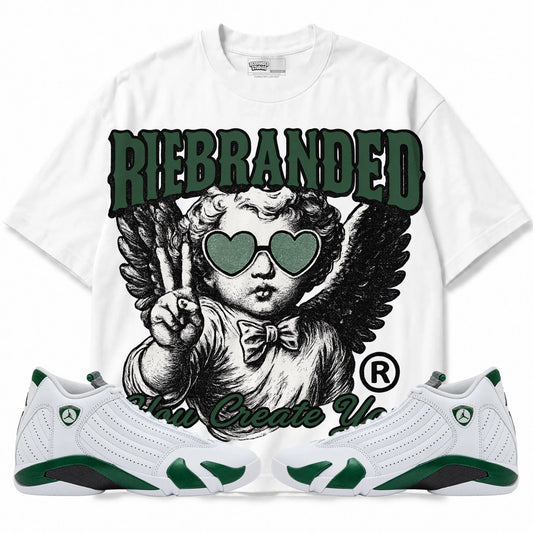 Rebranded Studios You Create You Air Jordan 14 Forest Green Graphic T-Shirt — front with matching Forest Green 14 sneakers