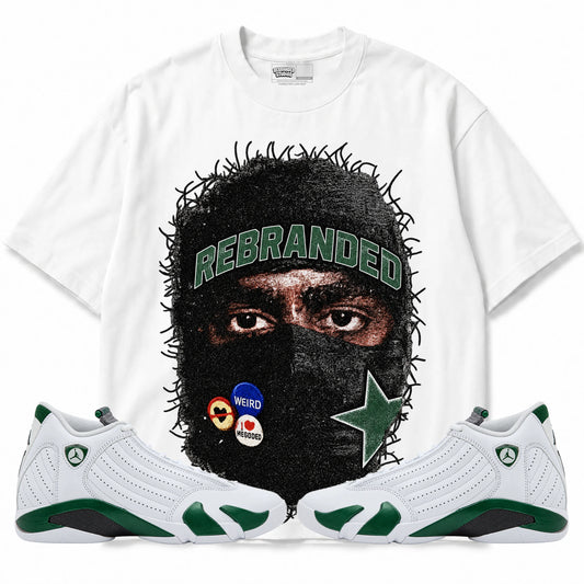 Rebranded Studios Sheisty Up Air Jordan 14 Forest Green Graphic T-Shirt with matching sneakers