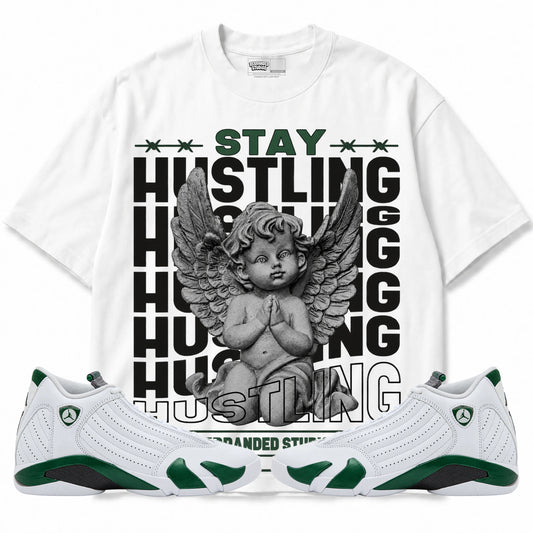 Rebranded Studios Stay Hustling Air Jordan 14 Forest Green Graphic T-Shirt with matching sneakers