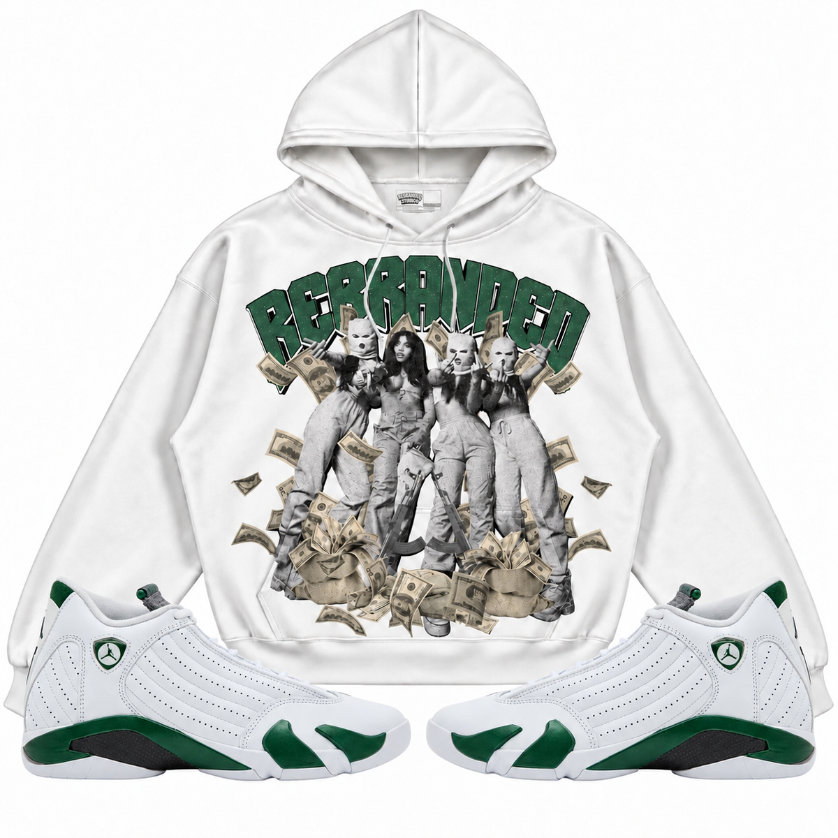 Rebranded Studios Girls 2.0 Air Jordan 14 Forest Green Hoodie — front-with-sneakers