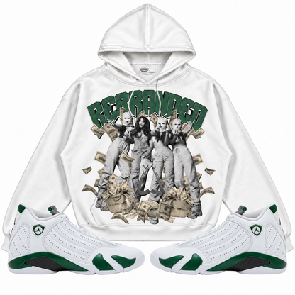 Rebranded Studios Girls 2.0 Air Jordan 14 Forest Green Hoodie — front-with-sneakers