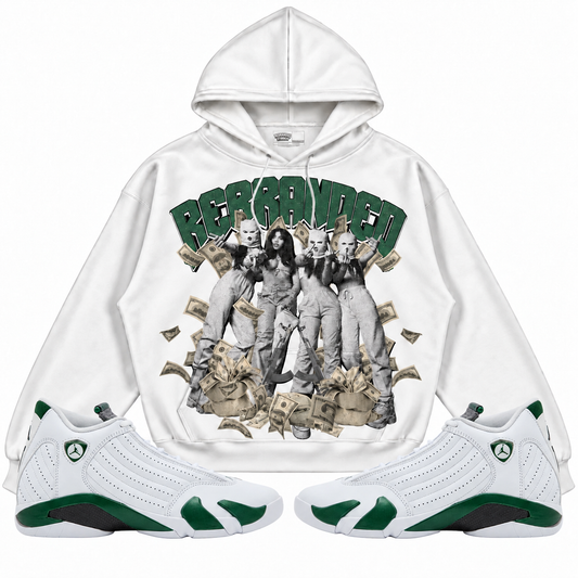 Rebranded Studios Girls 2.0 Air Jordan 14 Forest Green Hoodie — front-with-sneakers