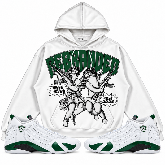 Rebranded Studios Angels 2.0 Air Jordan 14 Forest Green Hoodie — front-with-sneakers