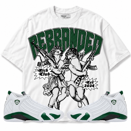 Rebranded Studios Angels 2.0 Air Jordan 14 Forest Green T-shirt — front-with-sneakers