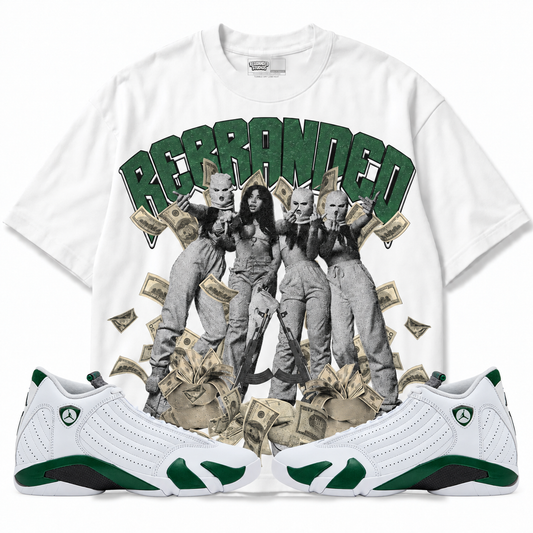 Rebranded Studios Girls 2.0 Air Jordan 14 Forest Green T-shirt — front-with-sneakers