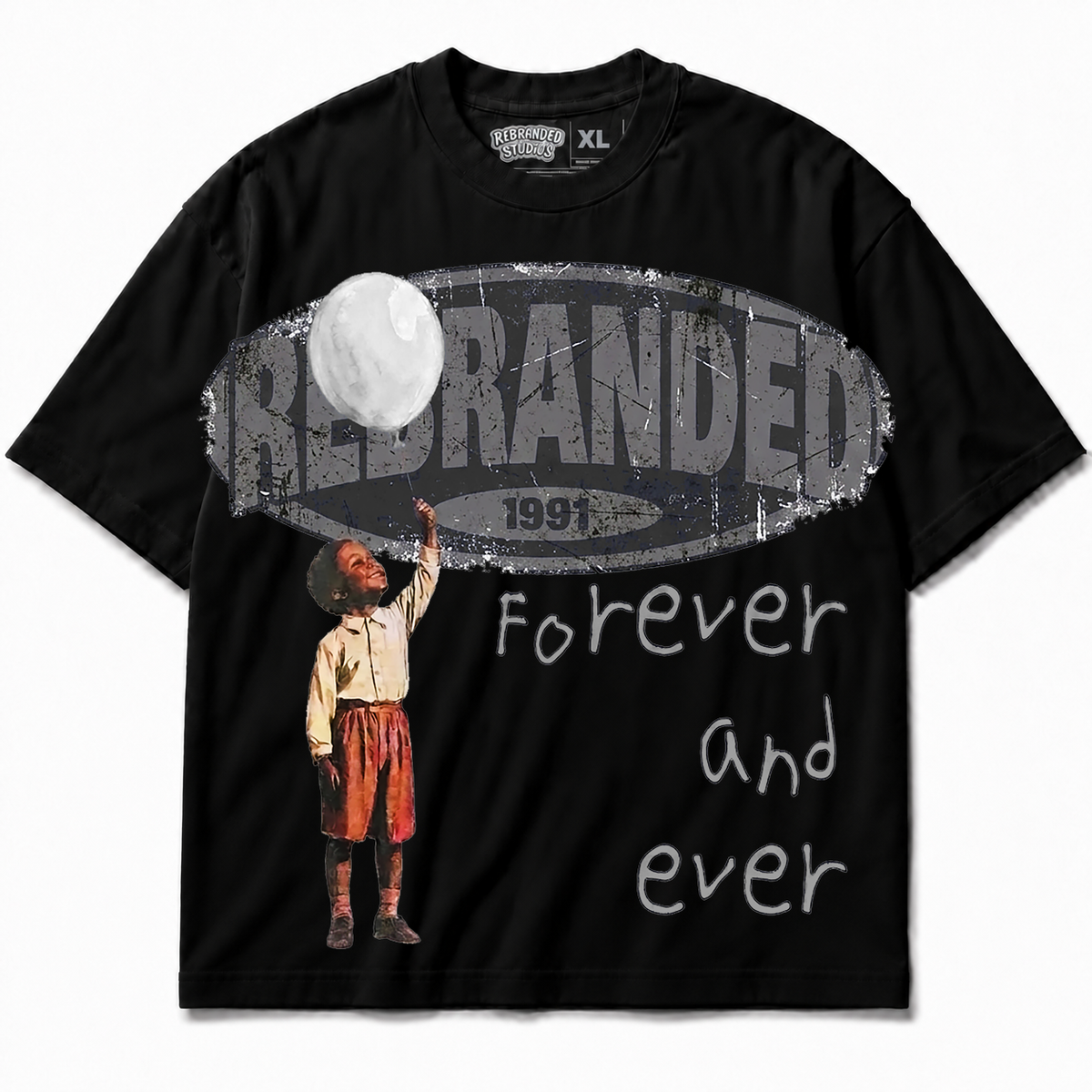 Rebranded Studios Forever And Ever Air Jordan 8 Chrome Graphic T-Shirt front view without sneakers