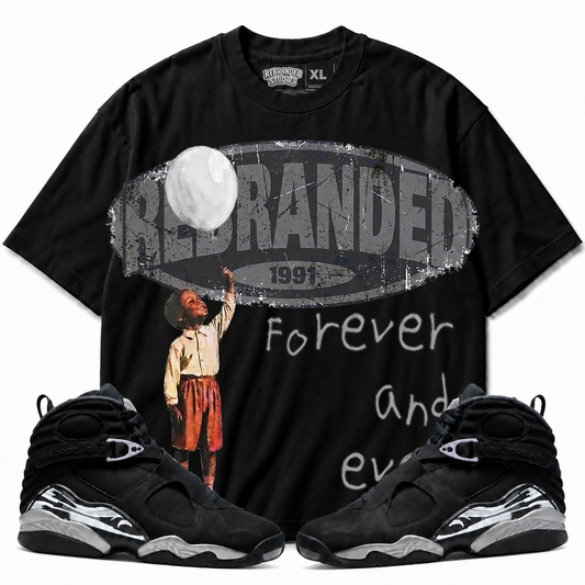 Rebranded Studios Forever And Ever Air Jordan 8 Chrome Graphic T-Shirt front view with matching Air Jordan 8 Chrome sneakers