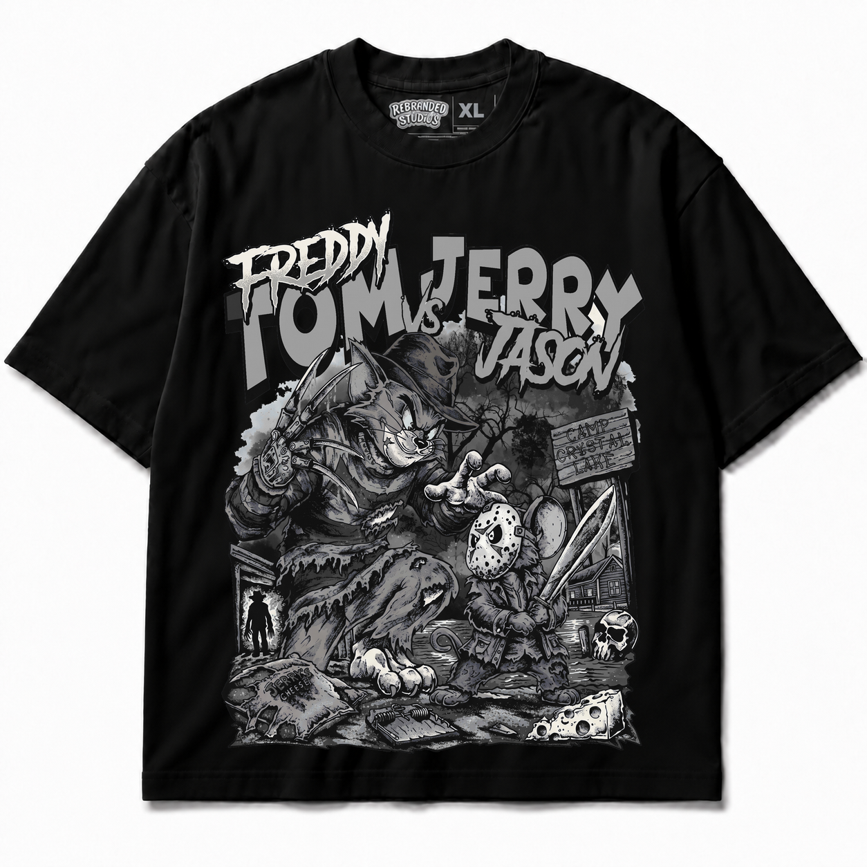 Rebranded Studios Freddy Tom Vs Jerry Jason Air Jordan 8 Chrome Graphic T-Shirt front view without sneakers