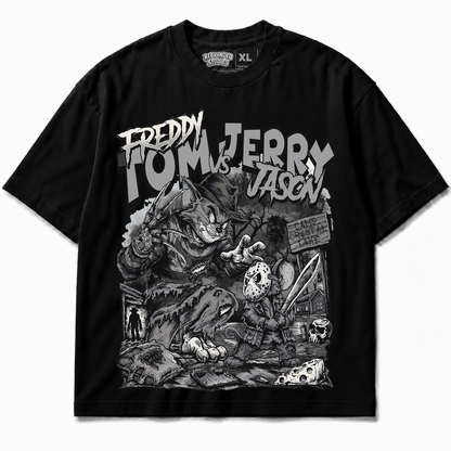 Rebranded Studios Freddy Tom Vs Jerry Jason Air Jordan 8 Chrome Graphic T-Shirt front view without sneakers