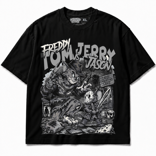 Rebranded Studios Freddy Tom Vs Jerry Jason Air Jordan 8 Chrome Graphic T-Shirt front view without sneakers — alternate view