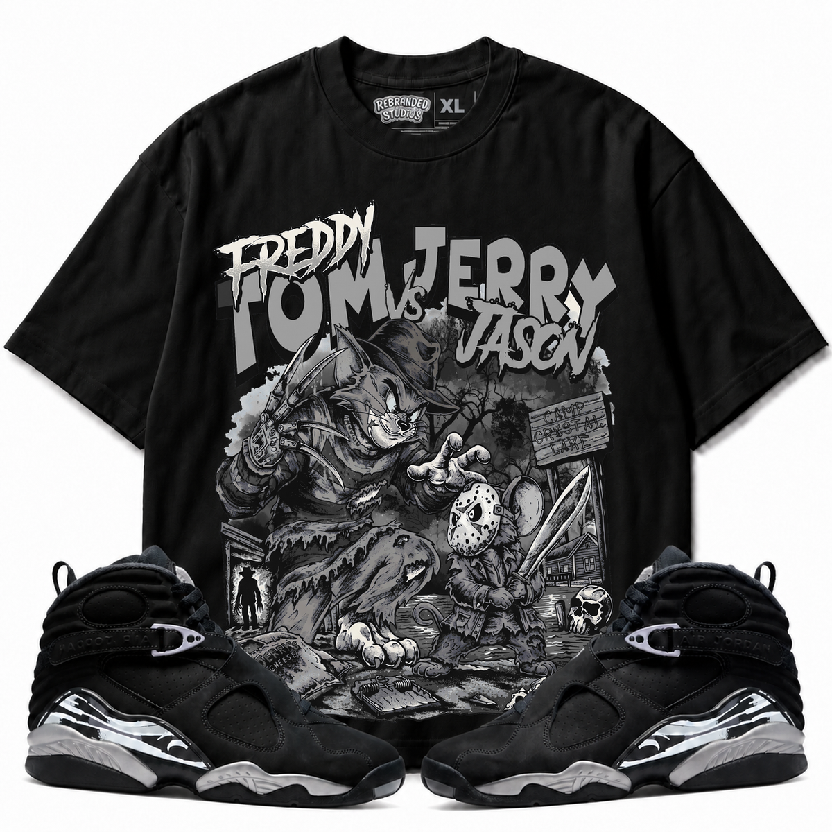 Rebranded Studios Freddy Tom Vs Jerry Jason Air Jordan 8 Chrome Graphic T-Shirt front view with matching Air Jordan 8 Chrome sneakers
