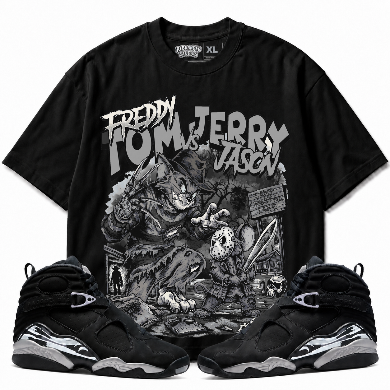 Rebranded Studios Freddy Tom Vs Jerry Jason Air Jordan 8 Chrome Graphic T-Shirt front view with matching Air Jordan 8 Chrome sneakers