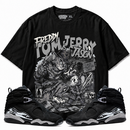 Rebranded Studios Freddy Tom Vs Jerry Jason Air Jordan 8 Chrome Graphic T-Shirt front view with matching Air Jordan 8 Chrome sneakers