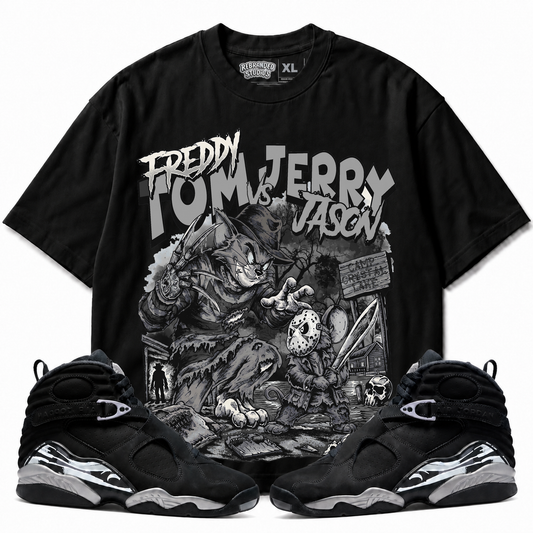 Rebranded Studios Freddy Tom Vs Jerry Jason Air Jordan 8 Chrome Graphic T-Shirt front view with matching Air Jordan 8 Chrome sneakers